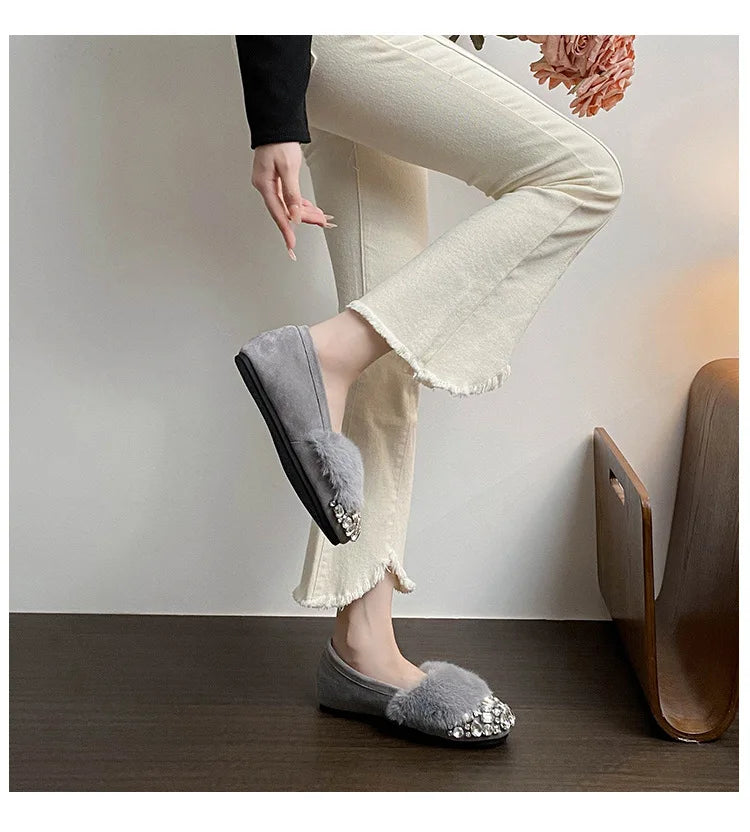 Luxury Glitter Rhinestone Ladies Plush Flat Shoes Female Cozy Crystal Decorate Loafers Winter Warm Walking Driving Shoes Casual