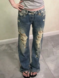 Women Streetwear Vintage Distressed Ripped Jeans 2026 Summer American Retro Y2k Grunge Denim Pants Casual Loose Trousers