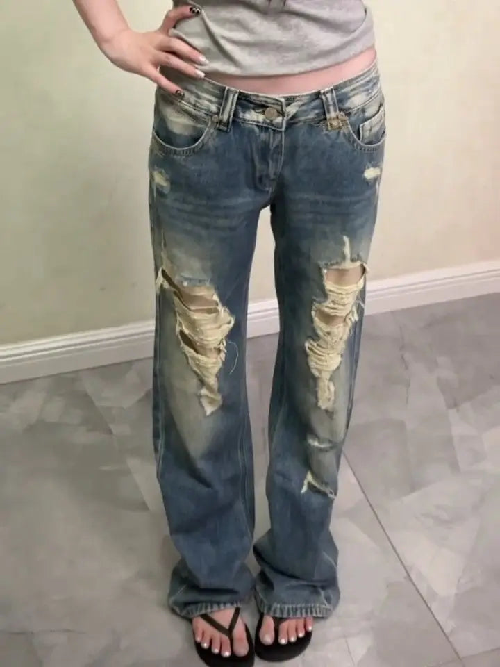 Women Streetwear Vintage Distressed Ripped Jeans 2026 Summer American Retro Y2k Grunge Denim Pants Casual Loose Trousers