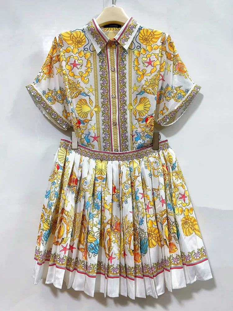 Designer retro geometric print lapel short-sleeved shirt two-piece 2026 summer women's dress+loose pleated skirt fashion suit