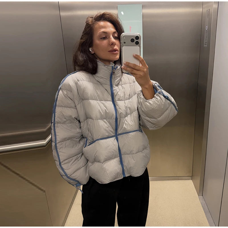 Casual Contrasted Color Women's Cotton Coats Zippers Stand Collar Loose Lady Thicken Jackets 2026 Autumn Winter Female Tops New