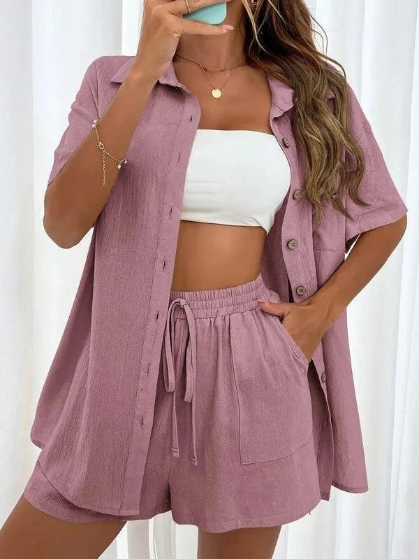 Solid Color Casual Fashion Loose Short Pants Sets For Women Elegant Summer Women's Long Sleeve Single breasted Two Pieces