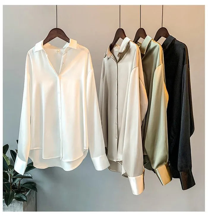 Fall Turn-down Collar Elegant Satin Loose Women Shirt 2026 Plus Size Blouse Autumn Vintage Casual Button Silk Tops