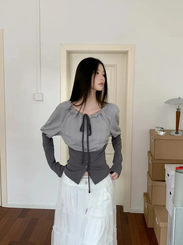 CHEERART Fall 2025 Designer Patchwork Long Sleeve Top And Blouse Autumn Clothing Woman Drawstring Tie Neck Fashion Clothes