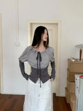 CHEERART Fall 2025 Designer Patchwork Long Sleeve Top And Blouse Autumn Clothing Woman Drawstring Tie Neck Fashion Clothes