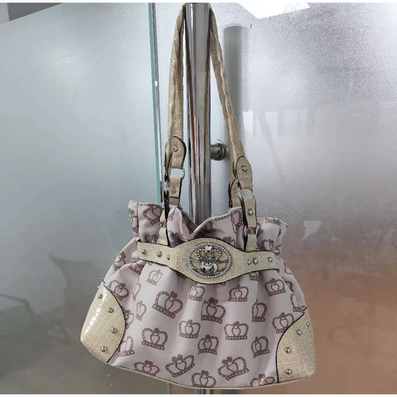 Luxury Women Rivet Handbag,Y2k Girls Metal Studded Underarm Shoulder Bag,Niche Belt Buckle Commuter Chic East-West Tote Bag