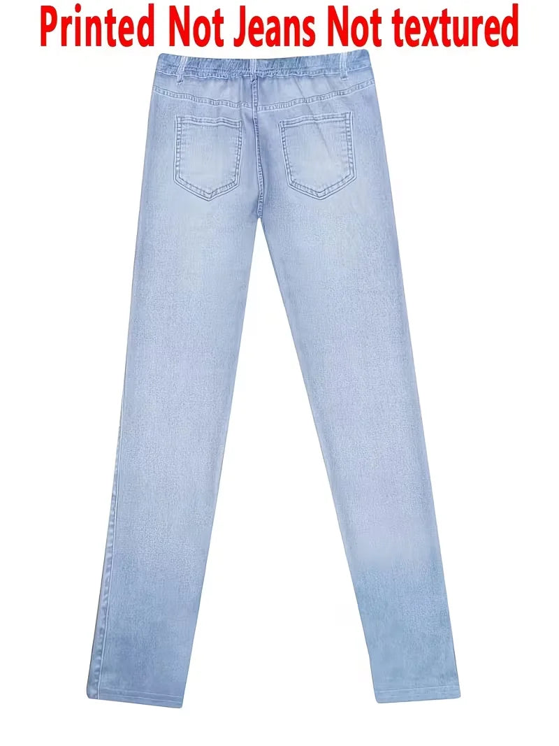 Printed Leggings - Non-Denim Fabric, Full Faux Denim Printed Leggings, with Fake Pocket and Button Prints, High Elasticity, New