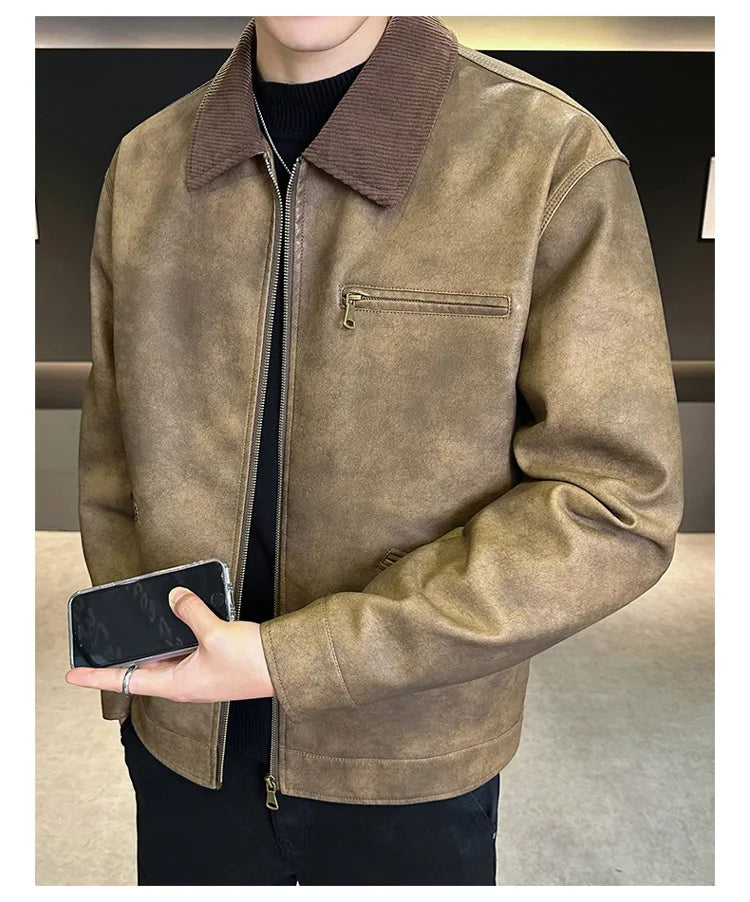 2029  Motorbiker Jacket Men's American Autumn Winter Hip-hop PU Leather Jackets Men Streetwear Racing Motorcycle Wear