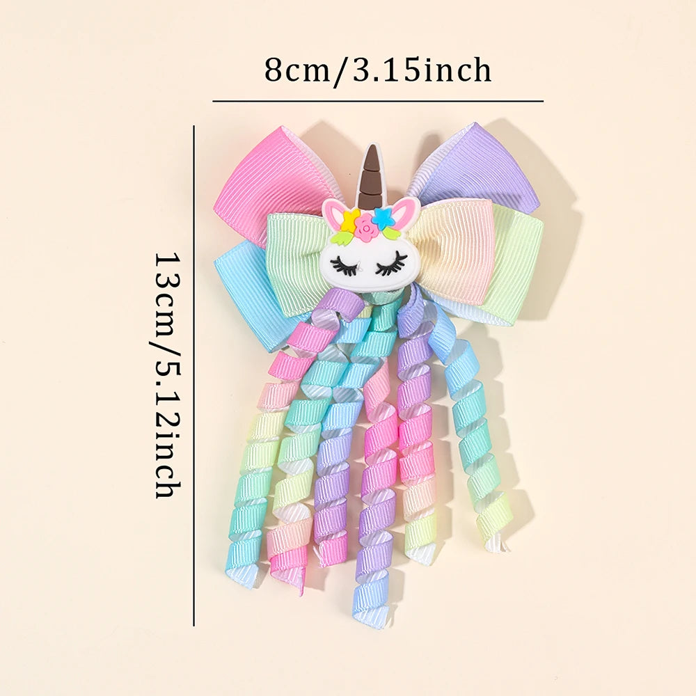 2Pcs Rainbow Unicorn Hair Clip Cute Curly Ribbon Tassel Magical Bow Hairpin For Kids Girls Party Daily Use Headwear Accessories