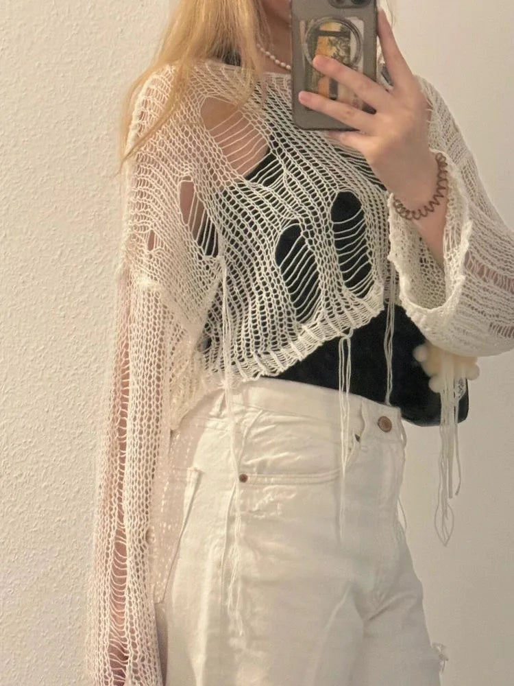 Sexy White Slash Neck Grunge Knitted Women's Sweater Hole Ripped Pullover Crop Top Harajuku Hollow Out Fashion Summer Jumpers