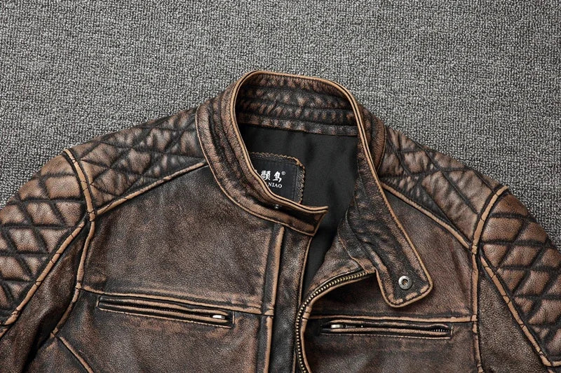 NEW Men's Vintage Motorcycle Jacket Stand Collar Natural Cowhide Jacket Classic Top Layer Cowhide Moto Suit Biker Clothing