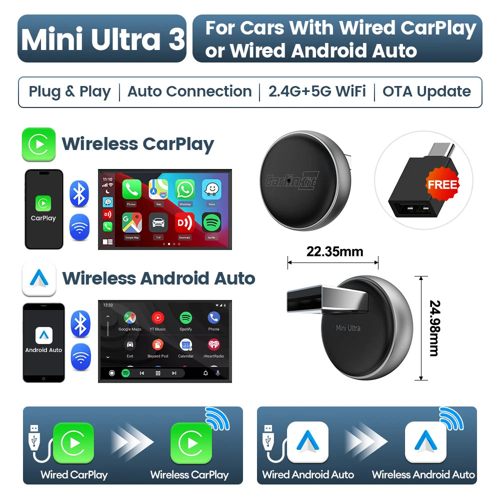 Mini Ultra 3 CarlinKit 5.0 Wireless Adapter Wireless CarPlay Android Auto For OEM Car Plug & Play WiFi Bluetooth Auto Connection
