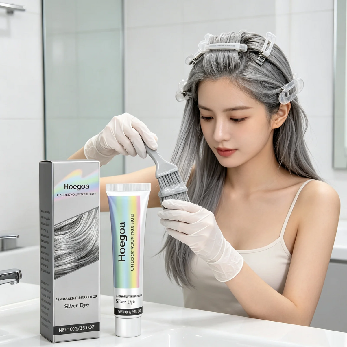 Hoegoa Silver Hair Dye Long lasting Color Nourishing Hair Shiny Smooth Easy Coloring Fashion Professional Grey Hair Dye Cream