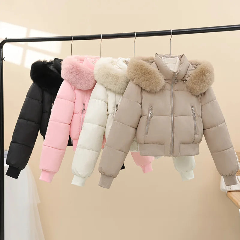 American Waistedn Big Fur Collar Hooded Short Cotton Coat for Women Winter New Fashionable Hat Detachable Casual Slimming Jacket