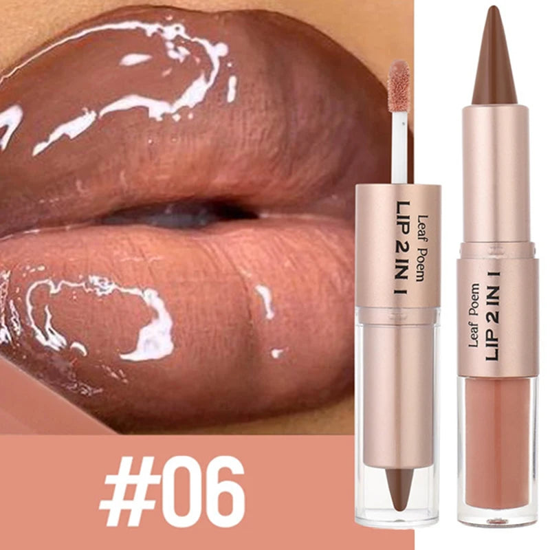 2IN1 Tapered Gradient Lipliner Pen Waterproof Black Brown Lip Liner Contour Pencil Makeup Double Head Mirror Glass Lip Gloss