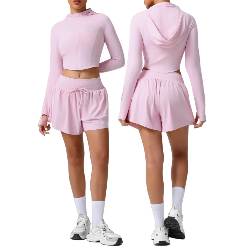sm2544 Autumn Winter New Running Jacket Set Women's Tight Quick Drying Sports Fitness Jacket & High Waist Shorts 2 Piece Set