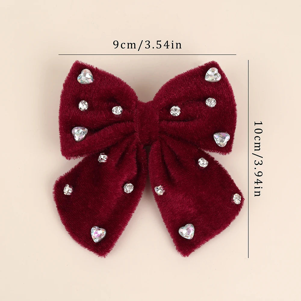 Velvet Bow Hair Clips with Heart Rhinestone Detail, 2-Pack
