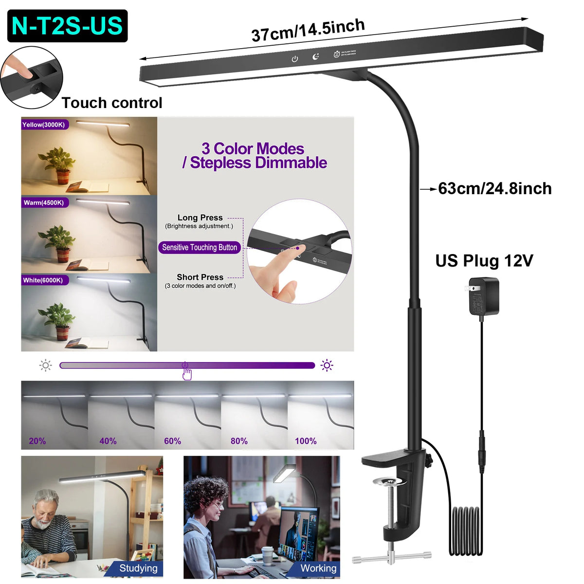 NEWACALOX EU/US 12V 24W Touch Control Desk Lamp with Clamp 360° Adjustable Gooseneck 3 Colors Table Light for Home Office Study