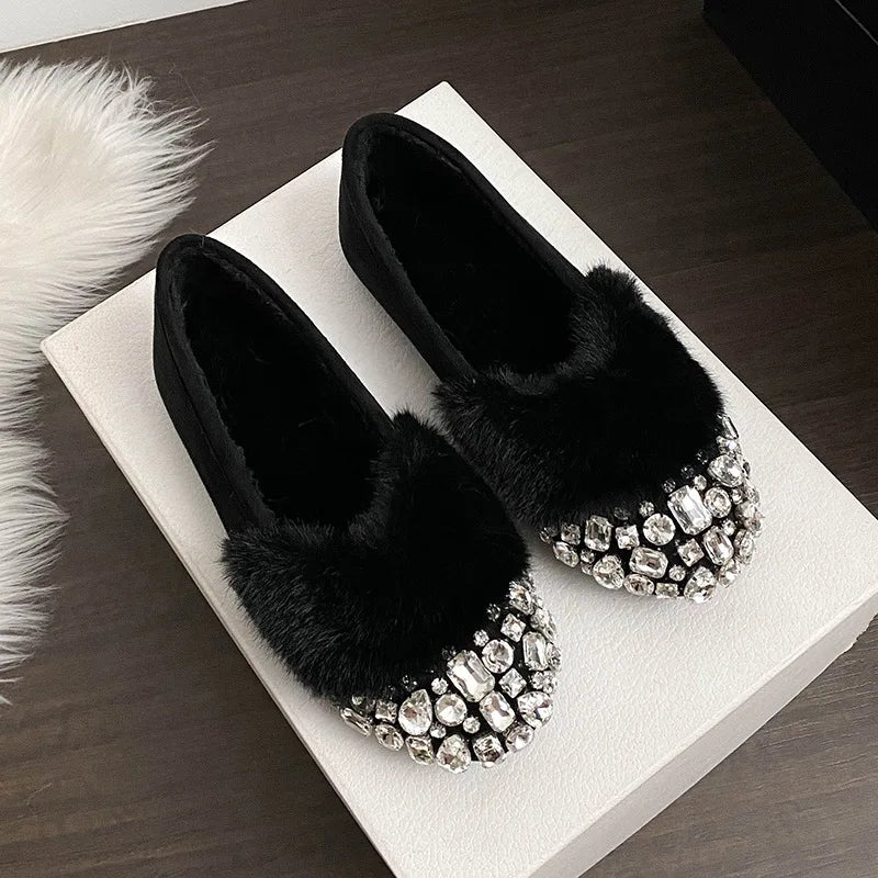 Luxury Glitter Rhinestone Ladies Plush Flat Shoes Female Cozy Crystal Decorate Loafers Winter Warm Walking Driving Shoes Casual