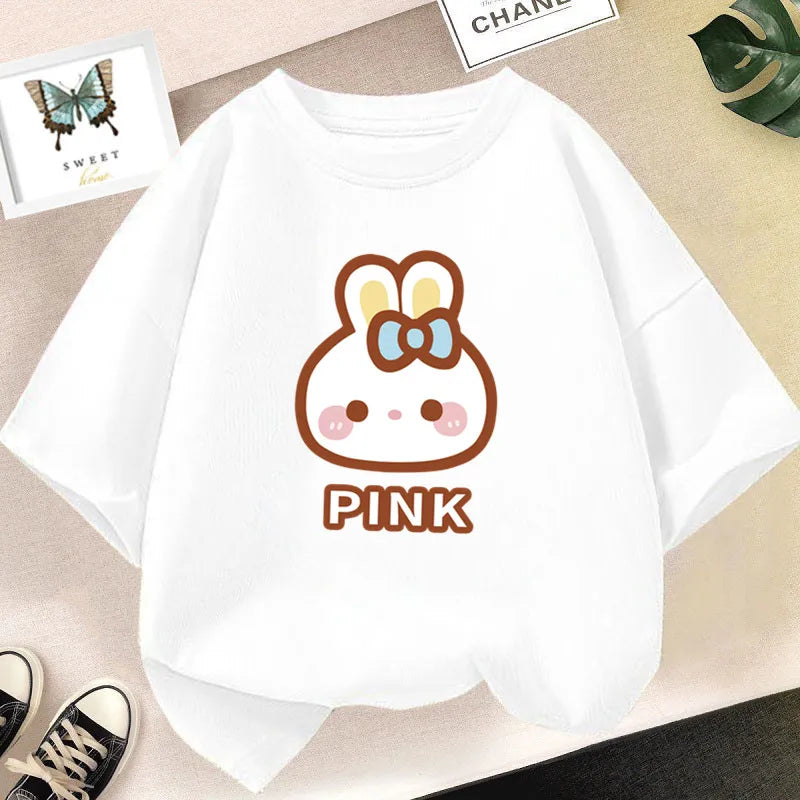 Girl Cute Rabbit Graphic Tshirt Short Sleeve Cotton T-Shirts For Baby Girl Cute Pink Color T-Shirts Children Summer Clothing