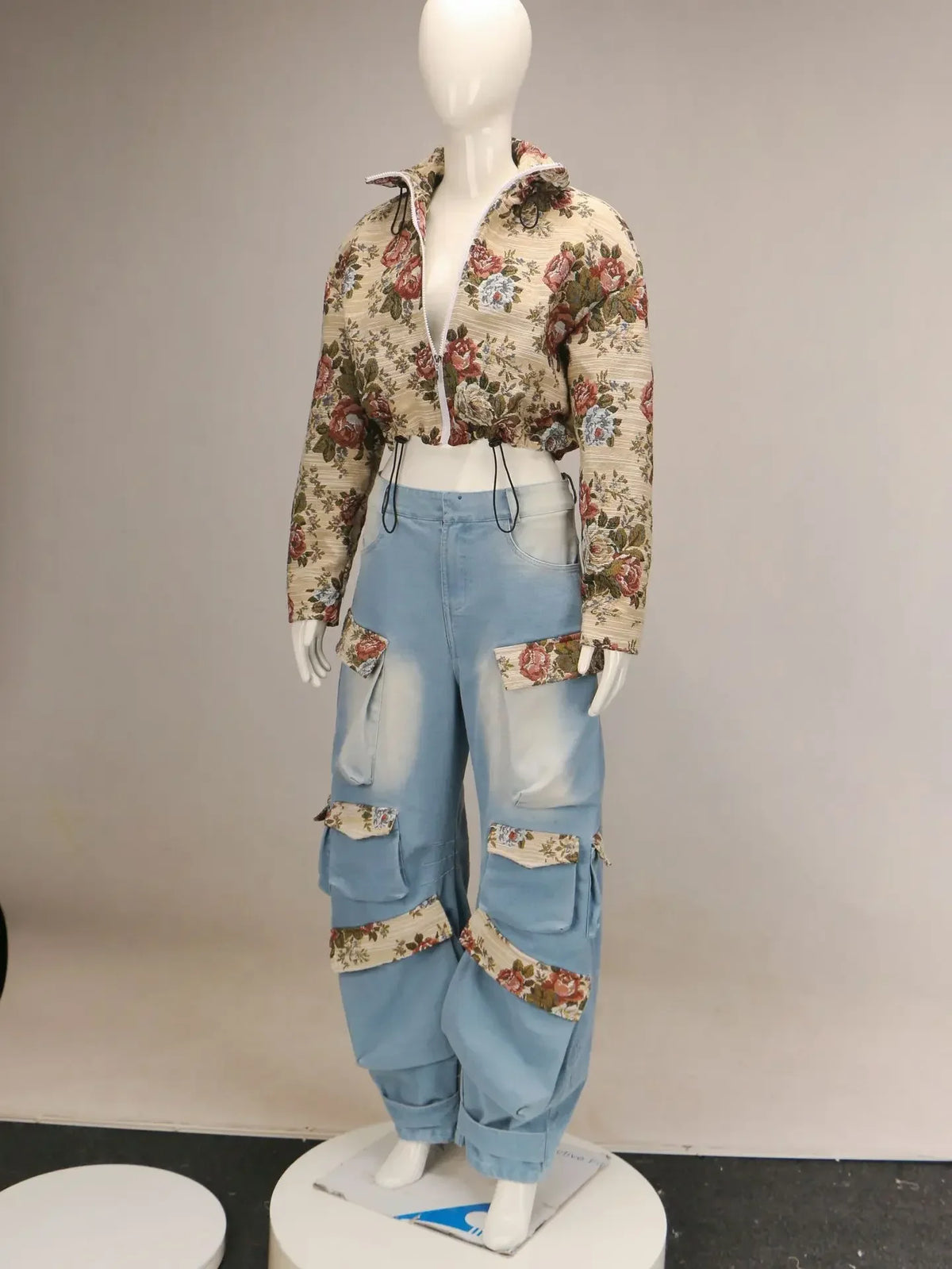 URBANCREW Floral Denim Jacket & Cargo Jeans Set — 2-Piece Streetwear