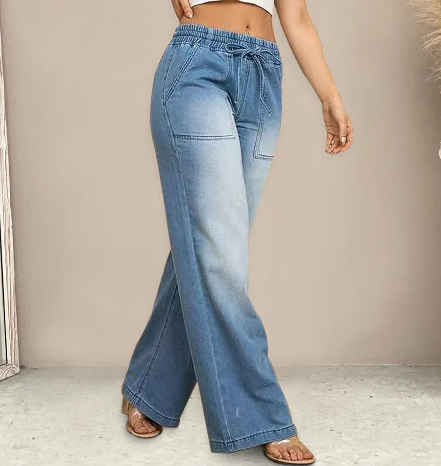Women Jeans Vintage Denim Pant Elastic Waist Lace Up Wide Leg Long Pants Straight Trousers Y2k Streetwear Splice Work Spring