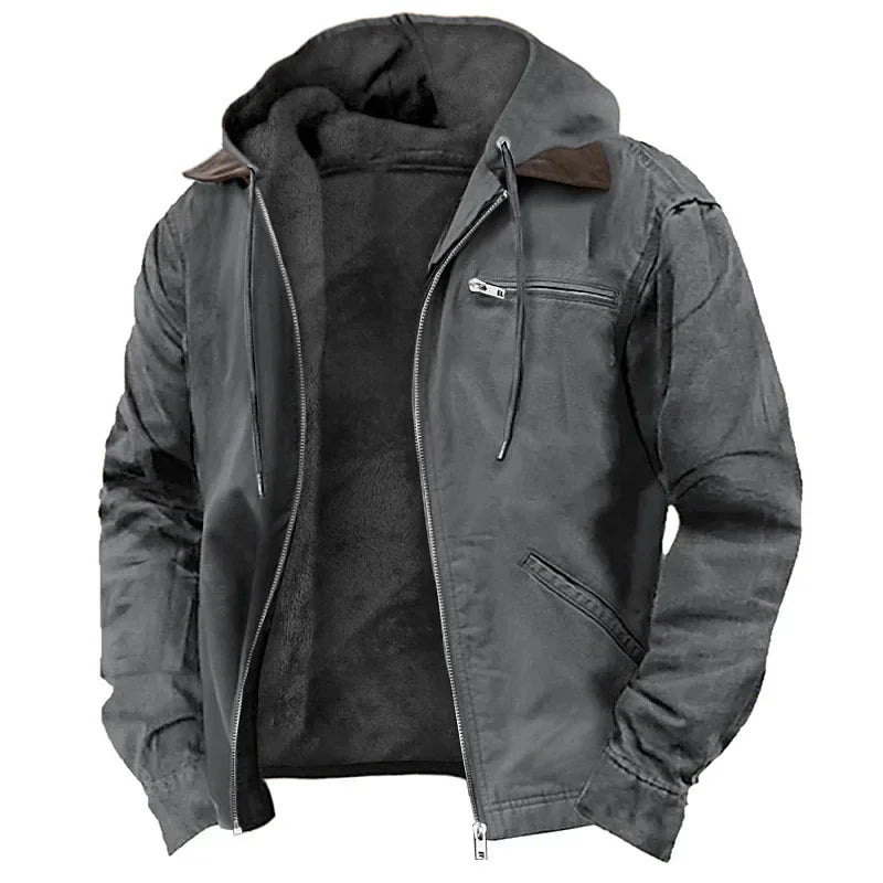 2026 New Fashion European and American Cross-border E-commerce, Solid Color Hooded Cotton Clothes Casual Men's Clothing Velvet Zipper Pocket Jacket Jacket