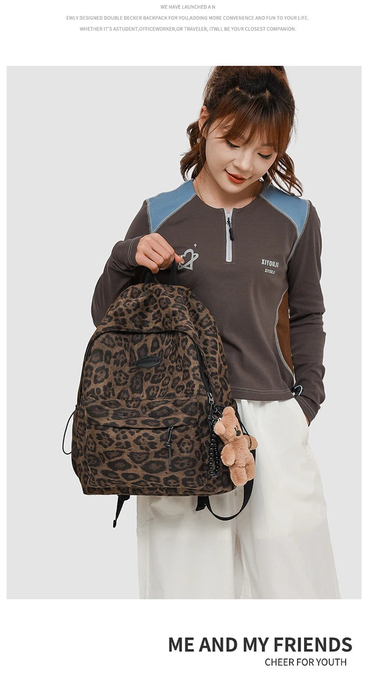 Leopard print Woman Backpack School Book Bags For Teenage Girls Boys Harajuku Female College Bag Student Lady leisure BagPack