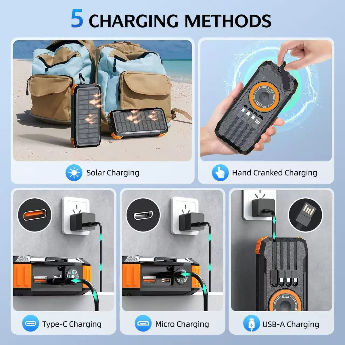 Hand Crank Generator Solar Power Bank High Capacity, Wireless Charger with 4 Built-in Cables, , LED Light for Outdoor Emergency