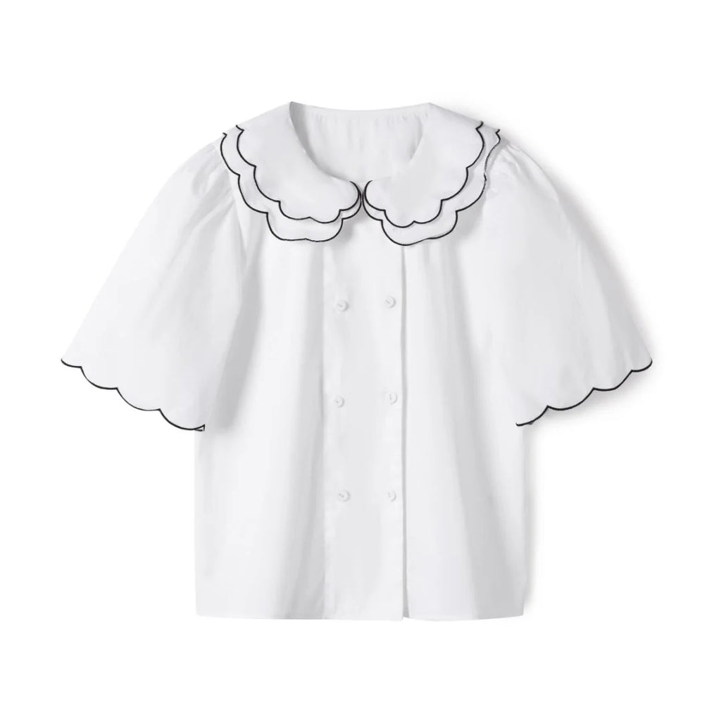 Young Girls Double Breasted Shirt Double Petal Collar High-Quality Fashion Children Short Sleeves Casual Clothing For Kid Girl