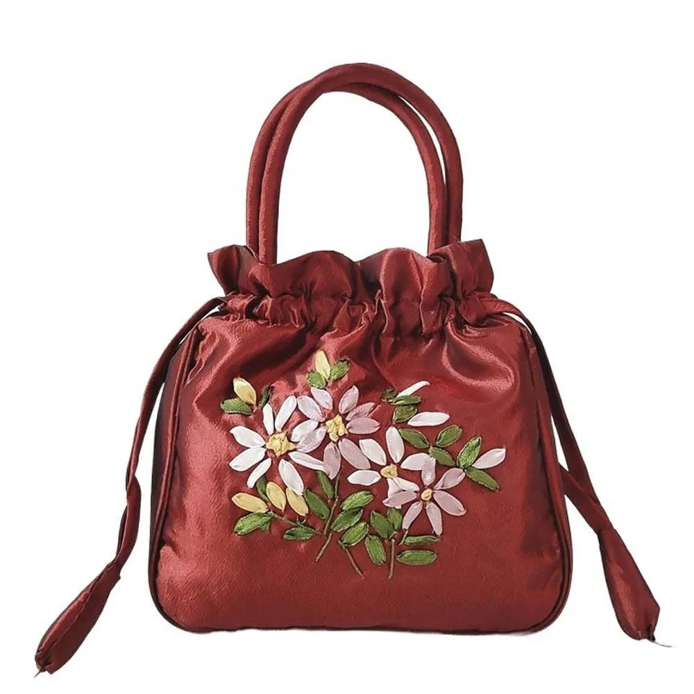 Retro Elegant Satin Silk Embroidery Totes for Women Floral Drawstring Handbag Hanfu Woman Purse Wallet Small Tote Bags