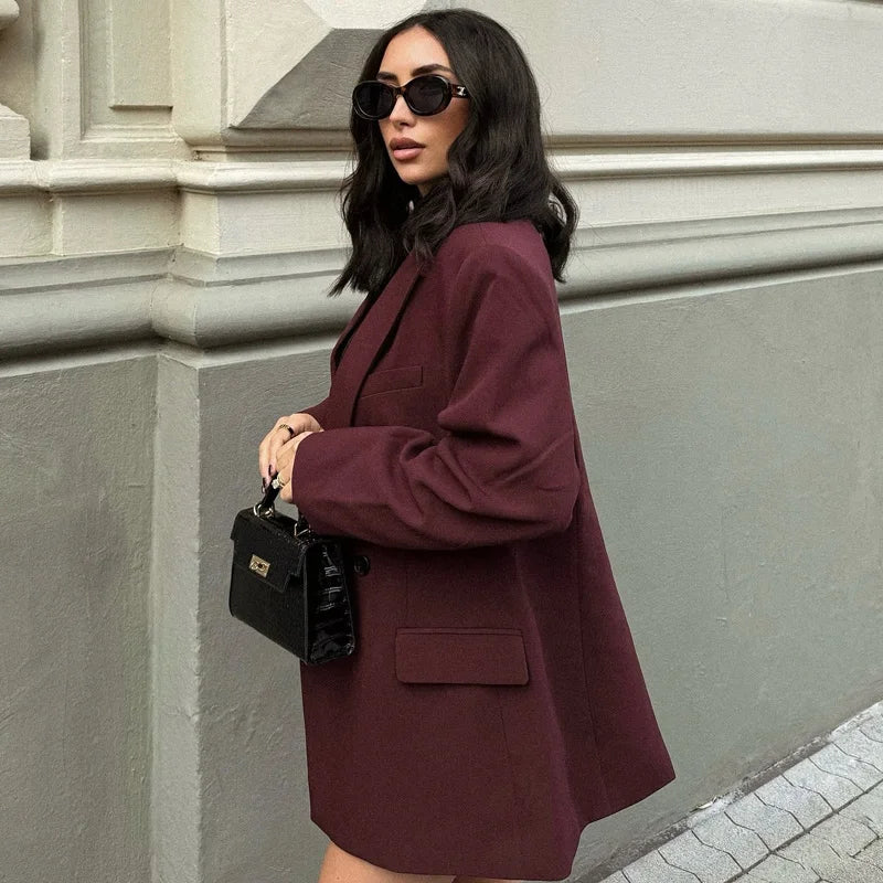 HXAO Women's Blazer Office Wear Women Burgundy Blazers Outerwears Autumn Women's Suit Jacket Red Long Sleeve Coats Blazer Mujer