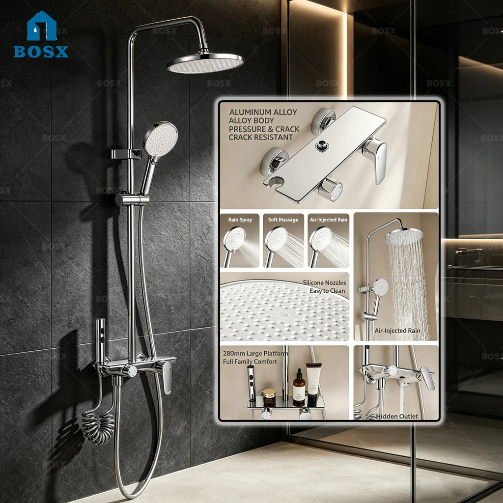 Household Silver Bathroom Shower Set MultiFunction Gray Rainfall Showers Hot and Cold Water Bathtub Shower Faucet Set Hotel