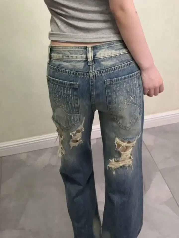 Women Streetwear Vintage Distressed Ripped Jeans 2026 Summer American Retro Y2k Grunge Denim Pants Casual Loose Trousers