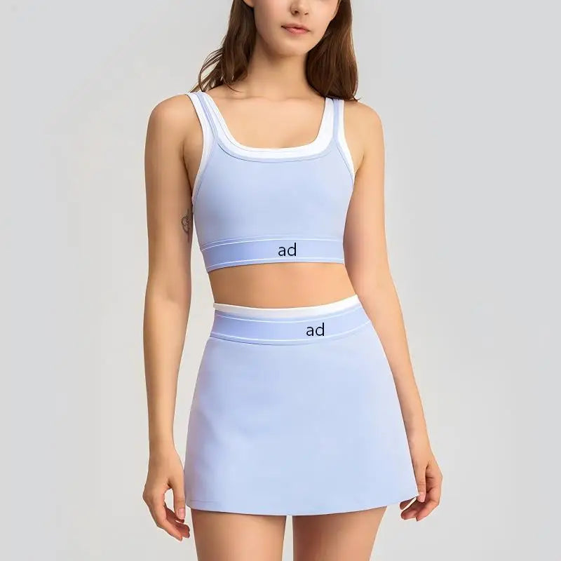 New two-piece contrasting white stripe suspender, running sports bra, tennis skirt, yoga suit set