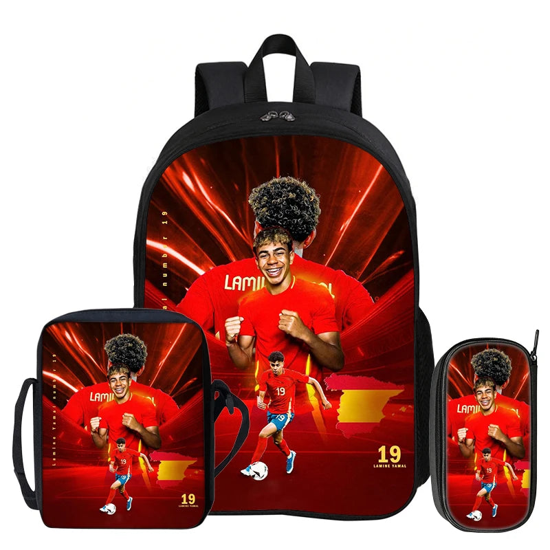 3Pcs Set Kids Backpack Football Sport Bookbag Football Star Rucksack L-Lamin Yamal Student School Shoulder Bag,Pencil Bags