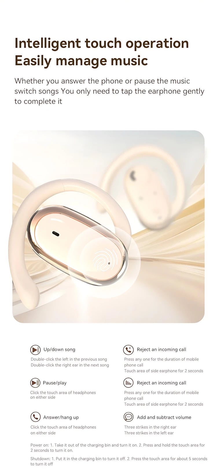 Bluetooth 5.4 Wireless Headphone Open Ear OWS Earphone Smart Touch Headset With Mic Waterproof Hifi Stereo Sound Wireless Earbud