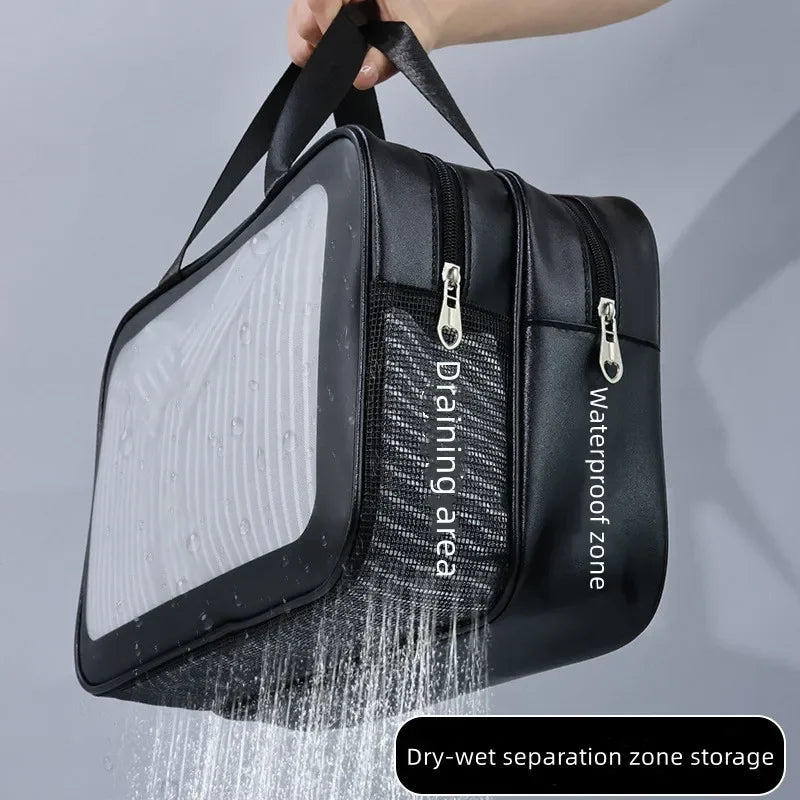 Dry-Wet Separation Double Transparent PU Makeup Bag Portable Washing Bag Cosmetic Storage Bag Travel Fitness Swimming Essentials
