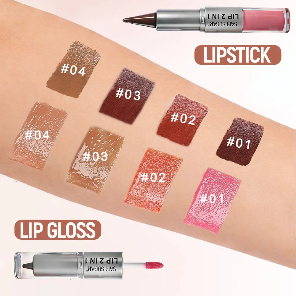 2 in 1 Lip Liner & Lip Gloss, Dual Ended Hydrating Non Stick Lipstick, Matte Velvet Outline Crayon with Shiny Plumping Lip Glaze