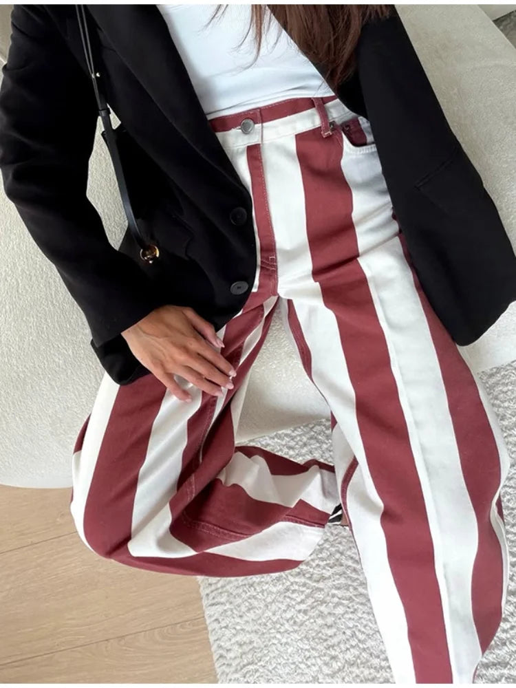 Soft Denim Button‑Front Curved‑Cut Jeans Slim‑Fit  Striped 2026 Summer Casual Women Denim Pants Fashion Versatile Lady Trousers