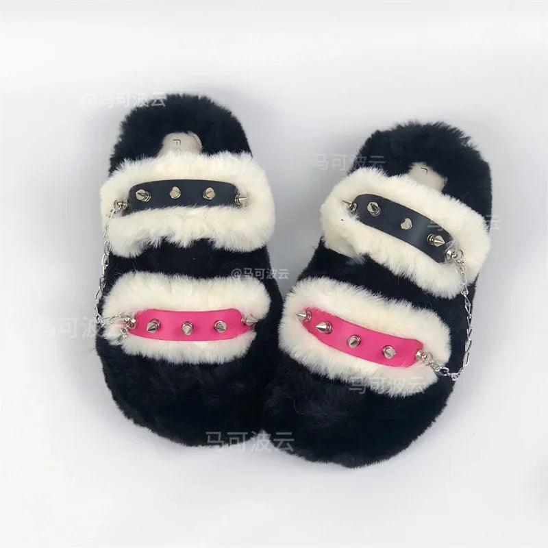 Y2K style winter outdoor shoes for women Faux fur warm slippers Fashion rivet Punk shoes