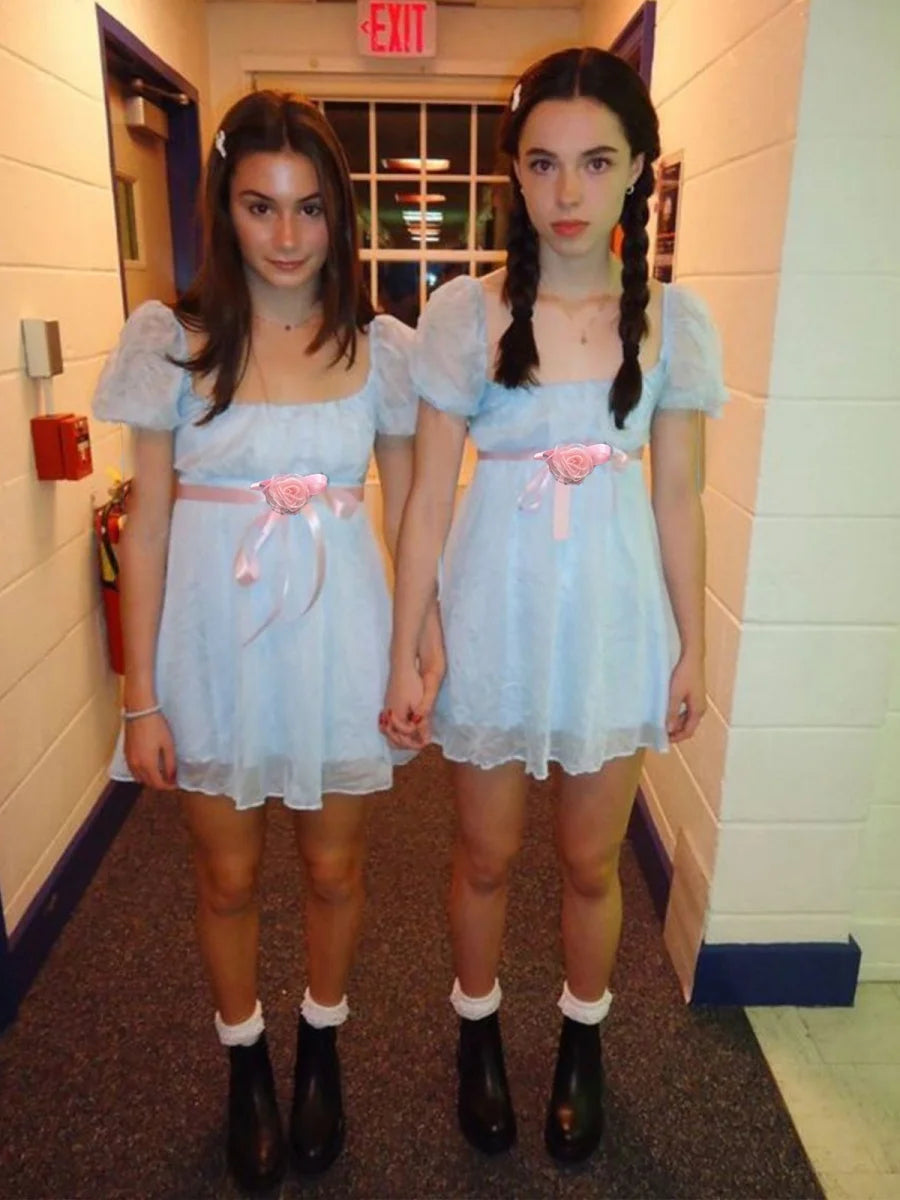 Halloween Creepy Grady Twins Costume for Women Blue Babydoll Dress Cosplay Costume Halloween Fancy Dress Y2k Streetwear