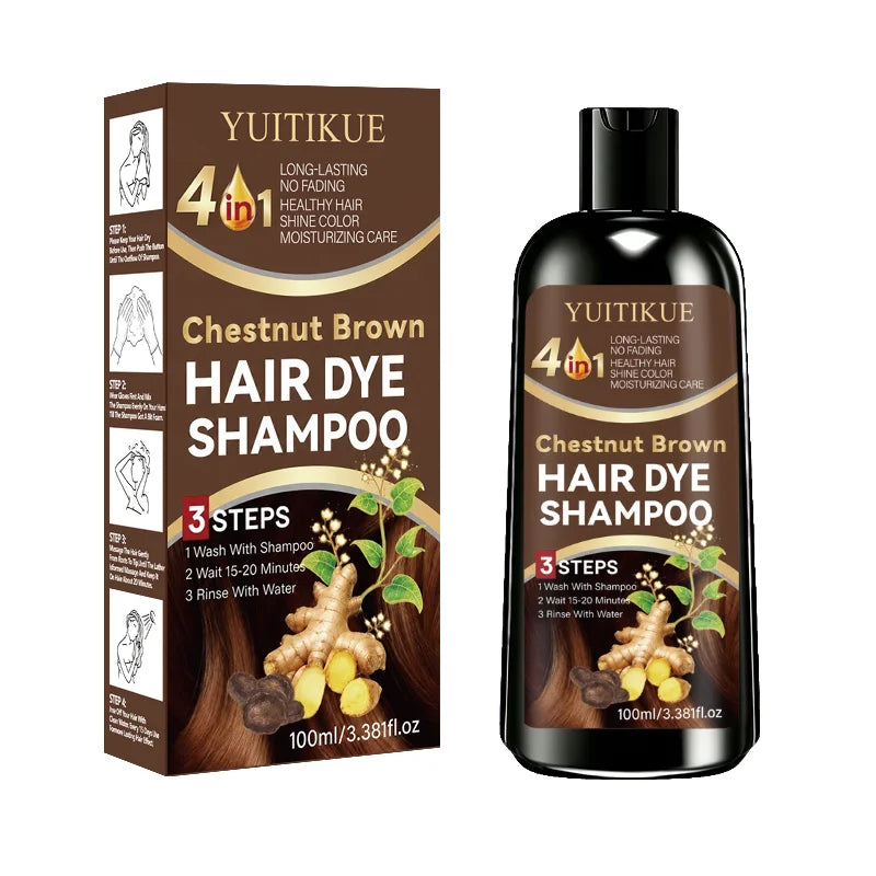 YUITIKUE 4 IN1 Chestnut Brown Hair Dye Shampoo Shine Color Moisturizing Care Long Lasting No Fading Healthy Hair 100ml
