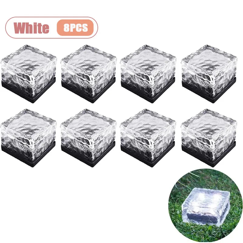 1-8PCS Garden Yard Decor Solar Ice Cube Lights Glass Brick Landscape Square Glass Outdoor Pathway Illumination Lamps