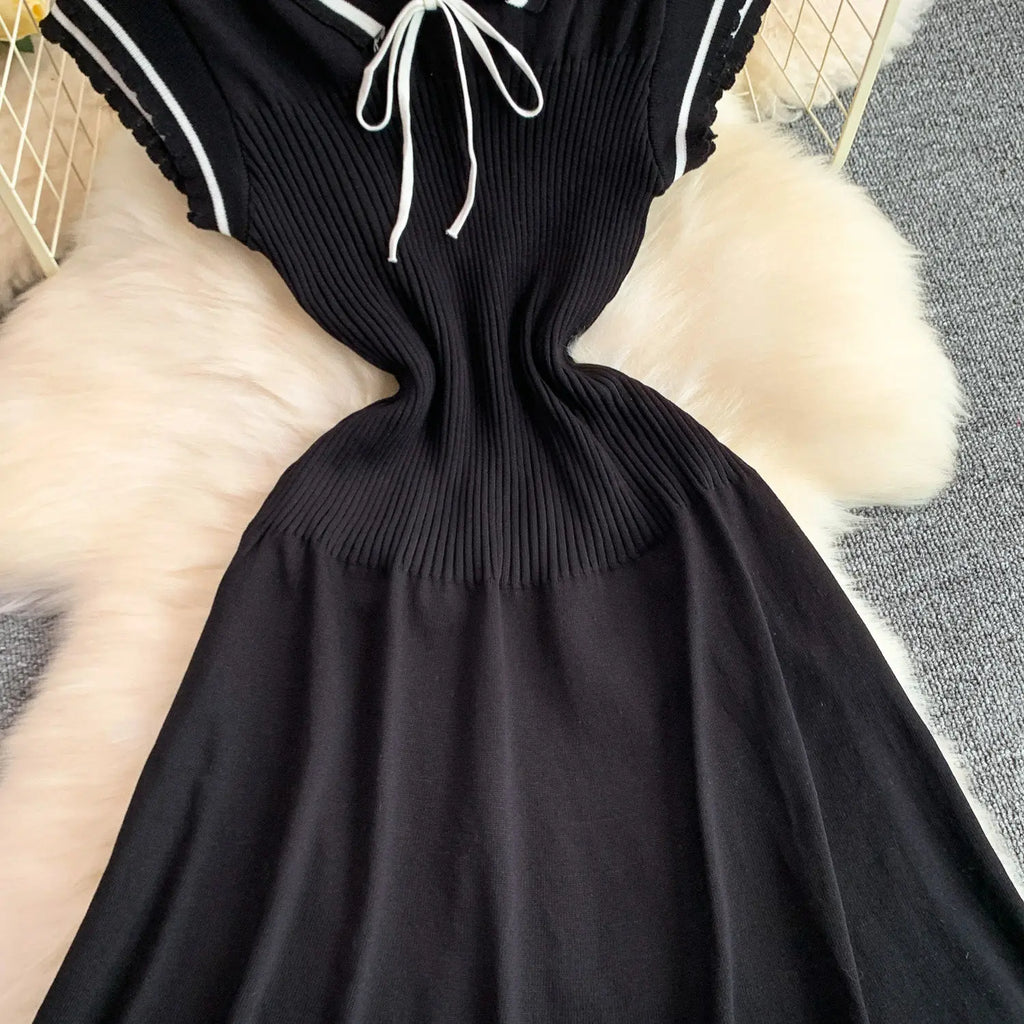 Summer Women Sweet Strechy Sundress Turndown Collar Short Sleeve Knitted Dress Lace Up Bow High Waist A-line Mini Dress