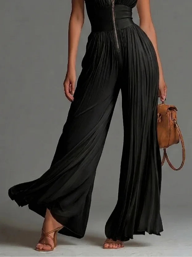 2026 White Pleated Neck Jumpsuit Women's Long Wide-leg Fashion Sexy Pleated Jumpsuits Sexy Slim Fits Sleeveless Rompers Y2K