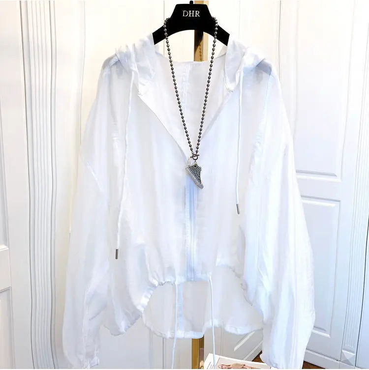 Women Hooded Jackets Summer Sun-proof Zipper Coats Thin Loose See Through Outerwear Breathable Outwear Lightweight Clothes White