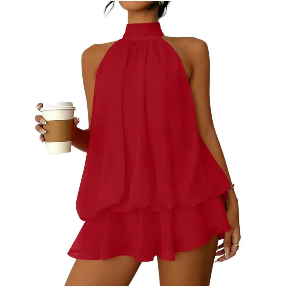 New Halter Tie Party Dress Backless Chiffon Going Out Dresses Sleeveless Ruffle Brunch Outfits for Women