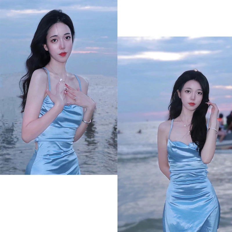 Summer Spaghetti Strap Mini Satin Dress Women Sexy Backless Bodycon Party Dress Short Club Dress