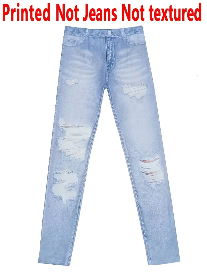 Printed Leggings - Non-Denim Fabric, Full Faux Denim Printed Leggings, with Fake Pocket and Button Prints, High Elasticity, New